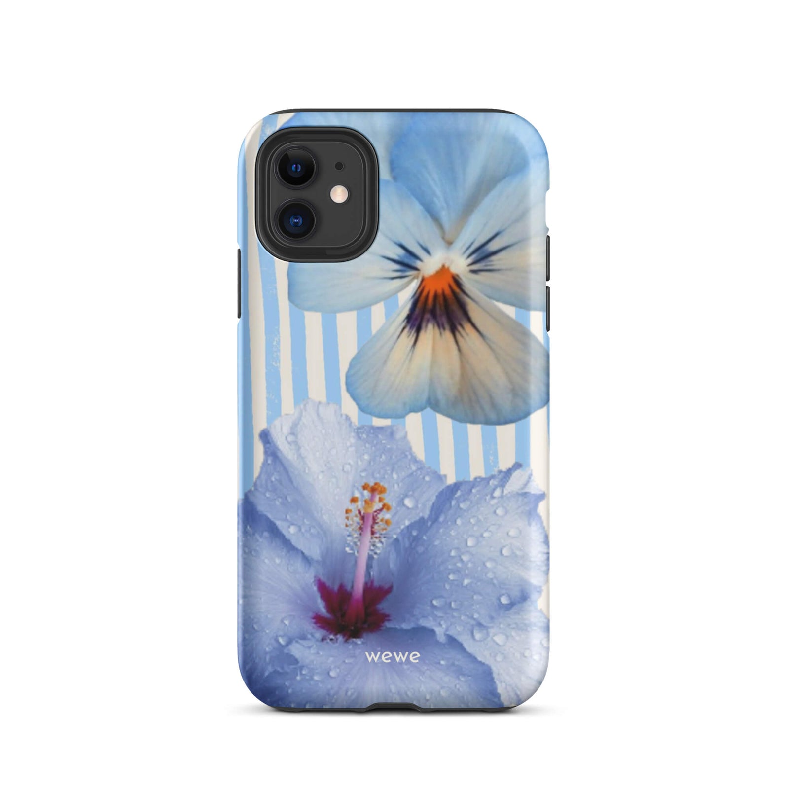 Custom iPhone case 11 with a photo of a blue hibiscus flower with water droplets and a white pansy on a striped background.
