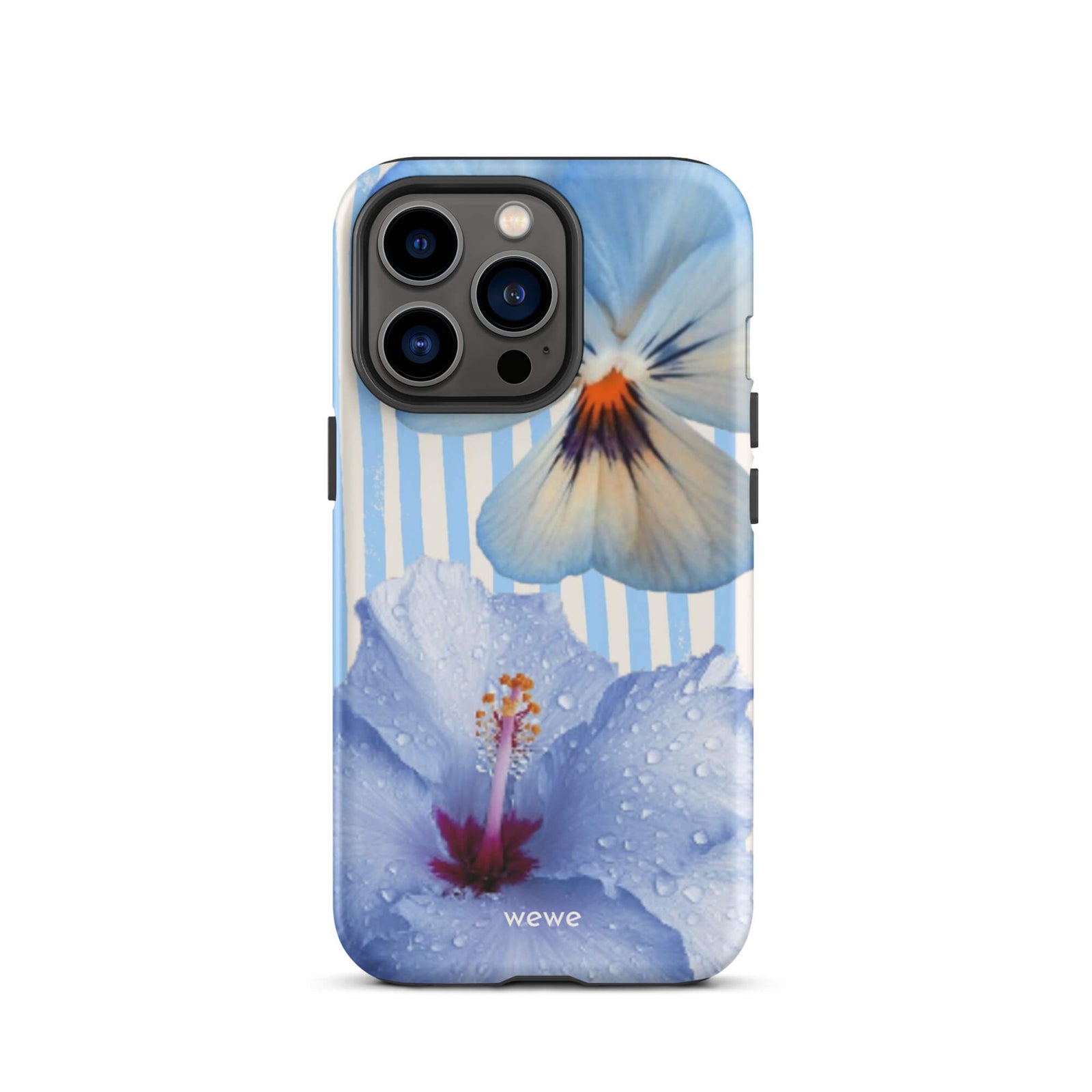 Custom iPhone case 13 pro with a photo of a blue hibiscus flower with water droplets and a white pansy on a striped background.