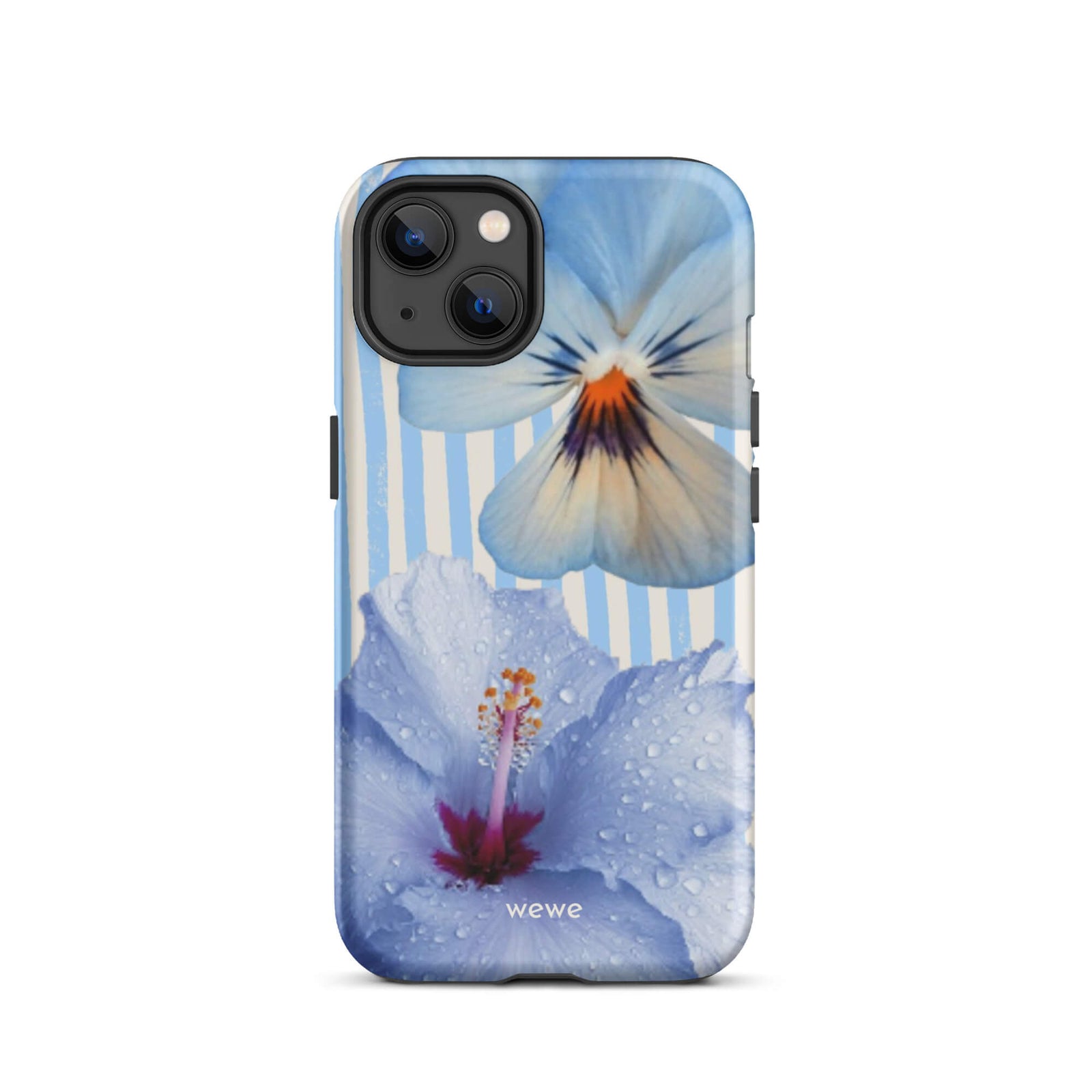 Custom iPhone case 13 with a photo of a blue hibiscus flower with water droplets and a white pansy on a striped background.