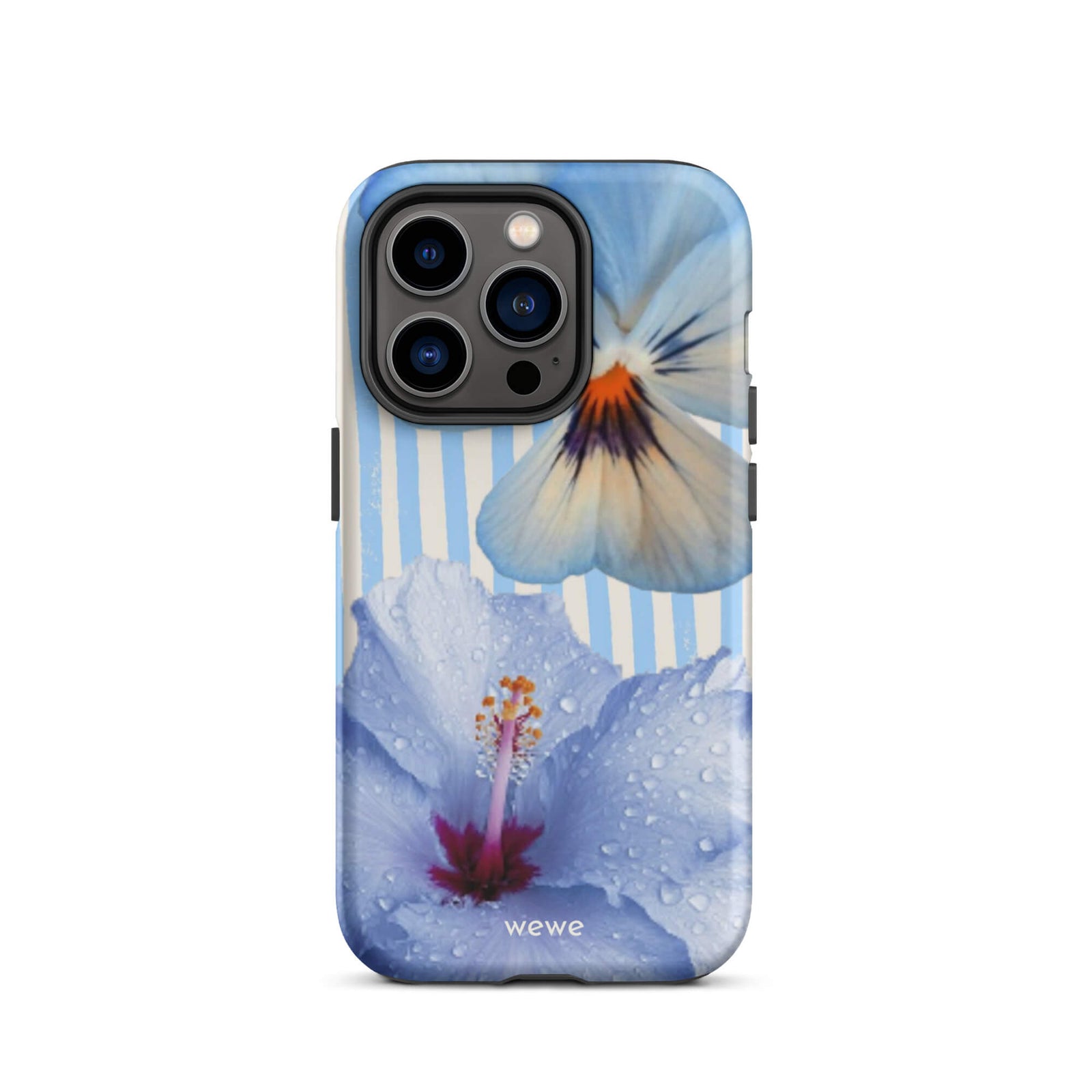 Custom iPhone case 14 pro with a photo of a blue hibiscus flower with water droplets and a white pansy on a striped background.