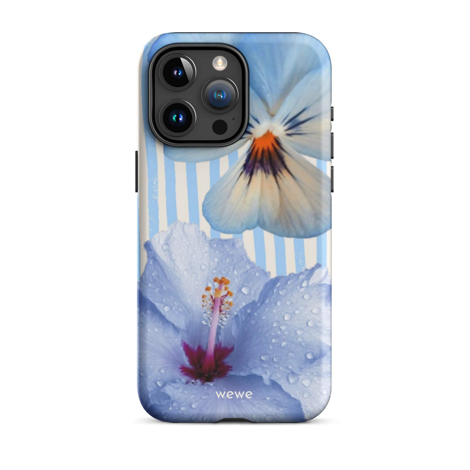 Custom iPhone case 15 pro with a photo of a blue hibiscus flower with water droplets and a white pansy on a striped background.