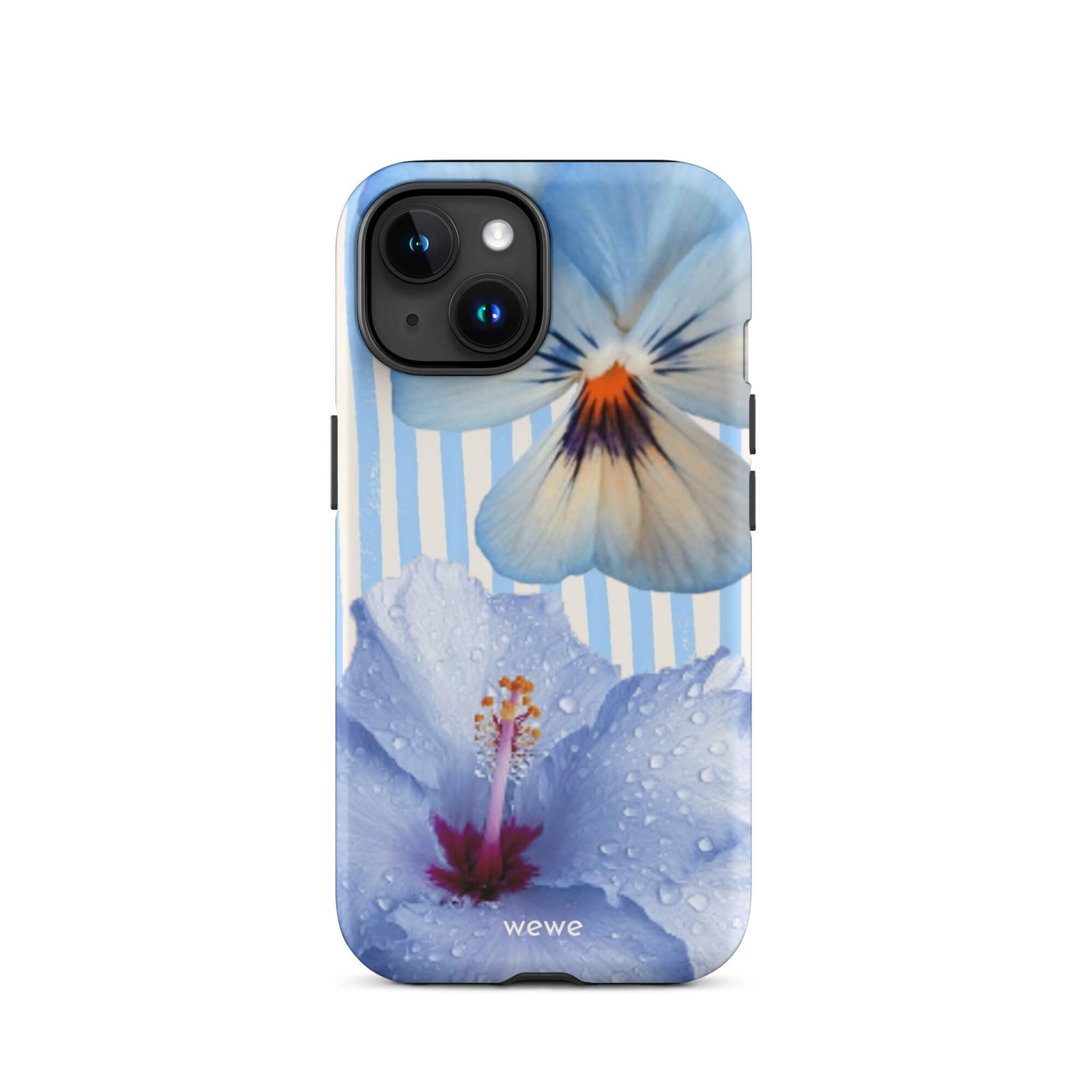 Custom iPhone case 15 with a photo of a blue hibiscus flower with water droplets and a white pansy on a striped background.
