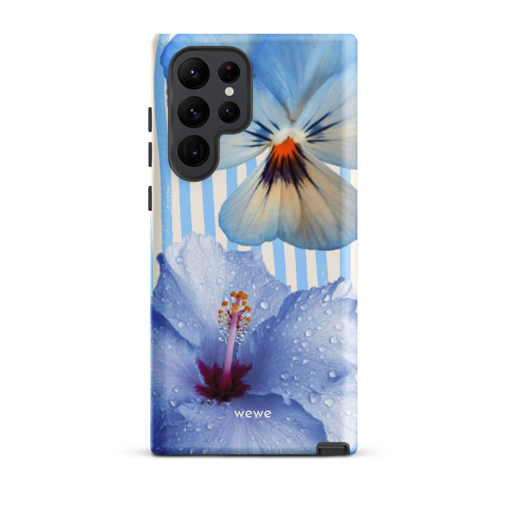 Custom samsung galaxy s22 ultra  Phone case with a photo of a blue hibiscus flower with water droplets and a white pansy on a striped background.