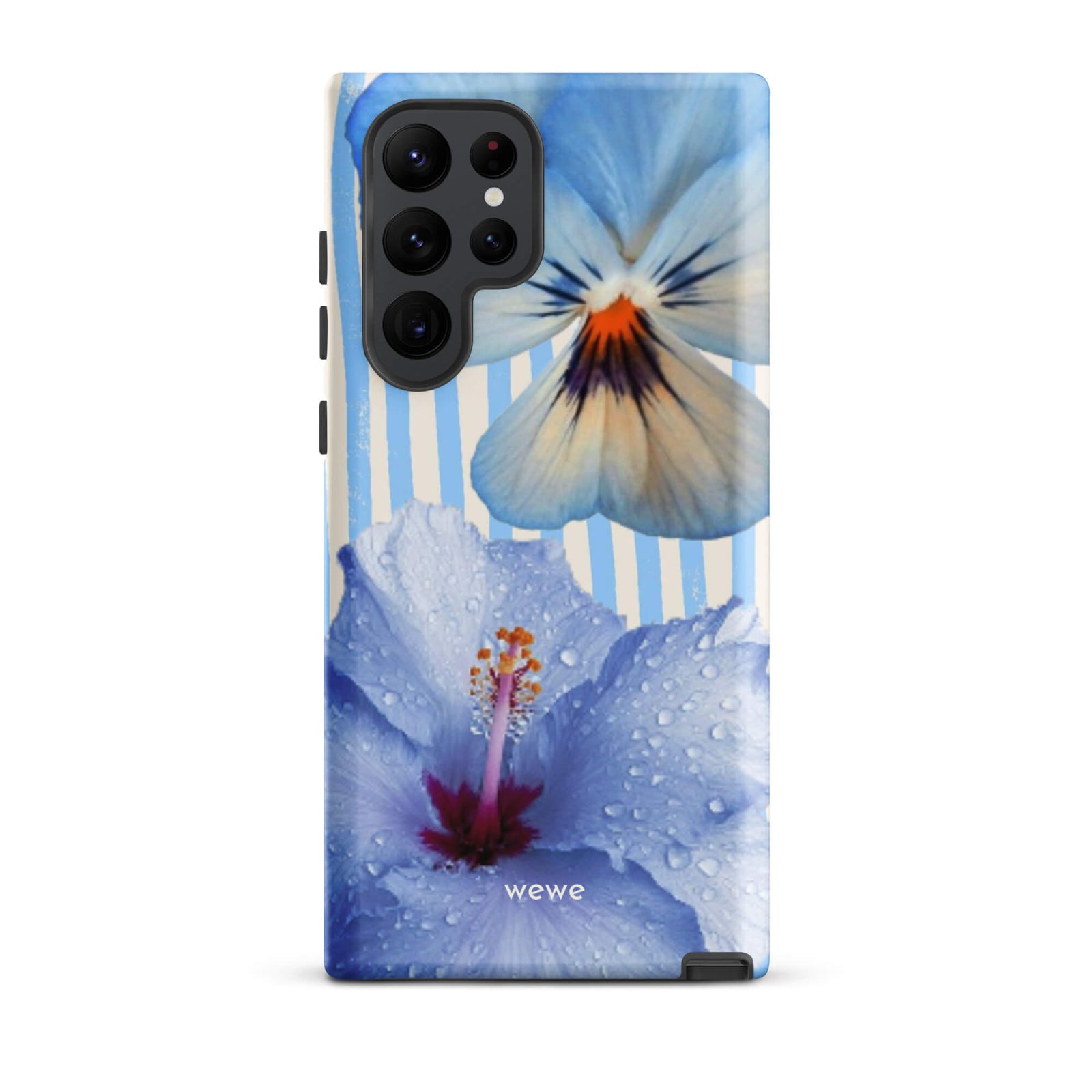 Custom samsung galaxy s22 ultra  Phone case with a photo of a blue hibiscus flower with water droplets and a white pansy on a striped background.