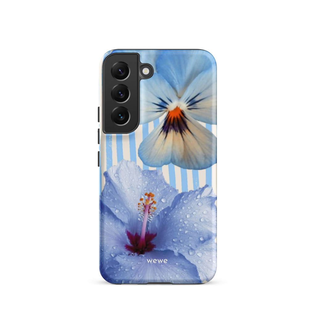Custom samsung galaxy s22 Phone case with a photo of a blue hibiscus flower with water droplets and a white pansy on a striped background.