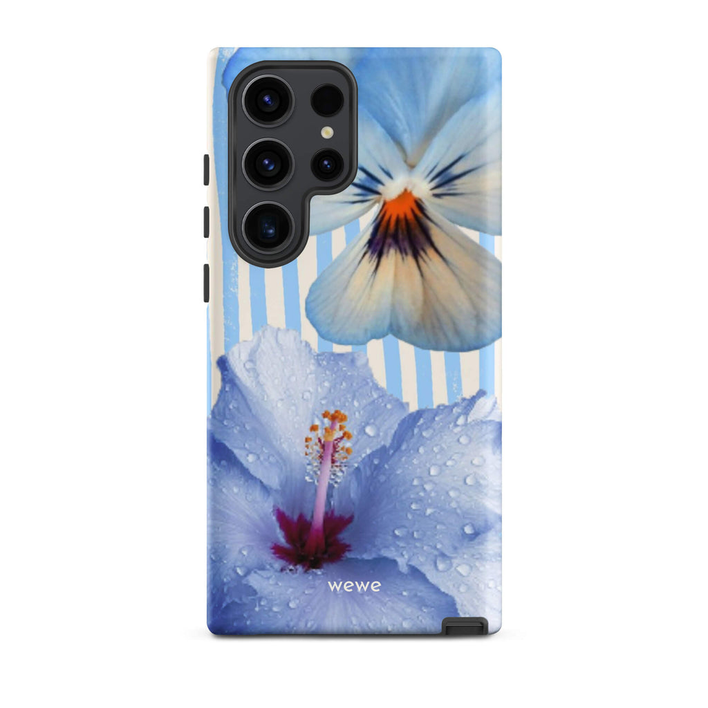 Custom samsung galaxy s23 ultra  Phone case with a photo of a blue hibiscus flower with water droplets and a white pansy on a striped background.