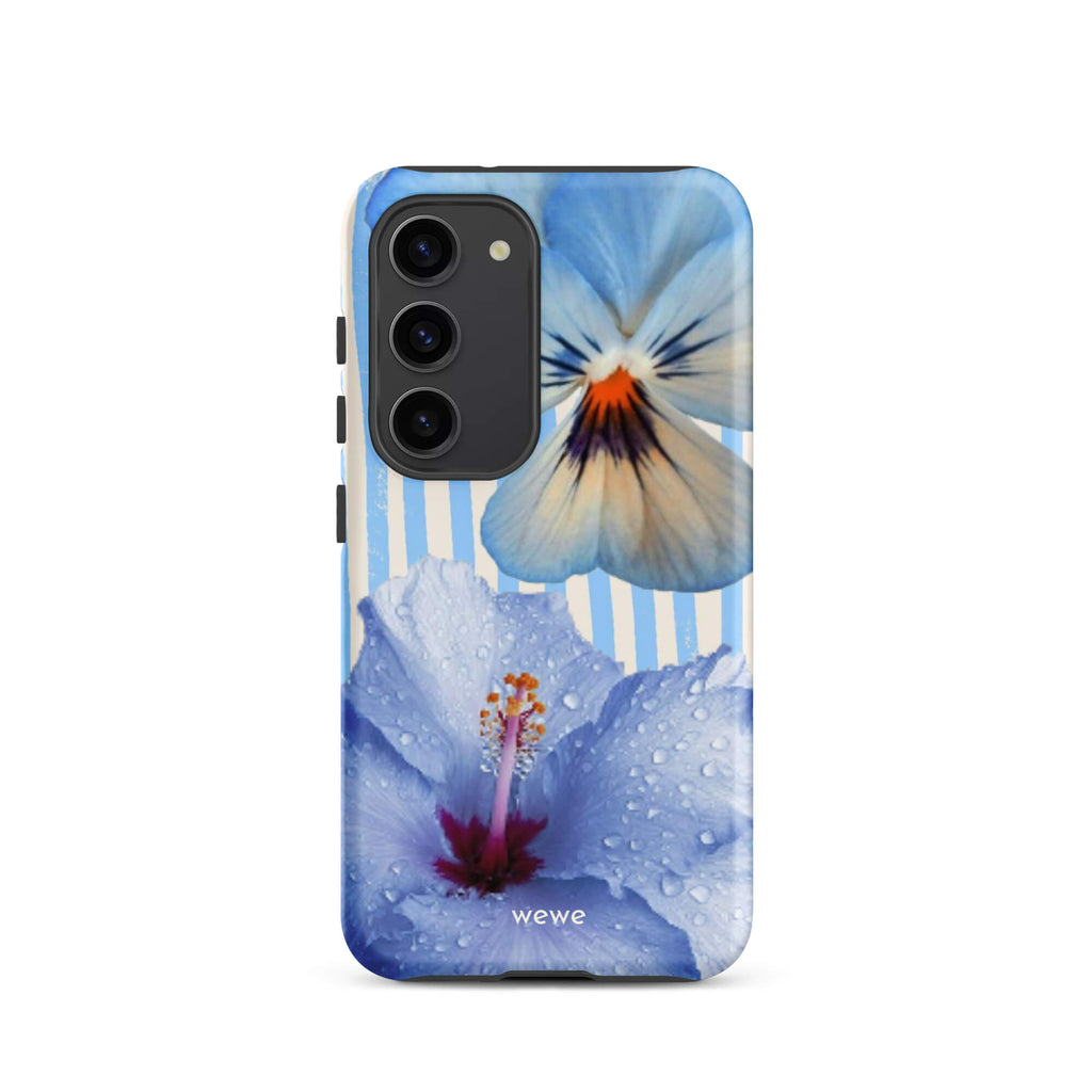 Custom samsung galaxy s23 Phone case with a photo of a blue hibiscus flower with water droplets and a white pansy on a striped background.