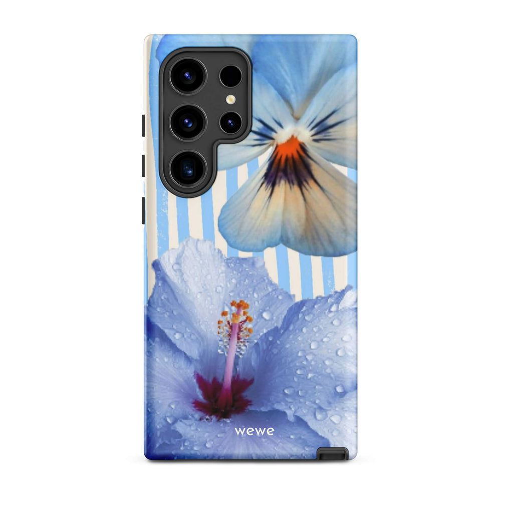 Custom samsung galaxy s24 ultra  Phone case with a photo of a blue hibiscus flower with water droplets and a white pansy on a striped background.
