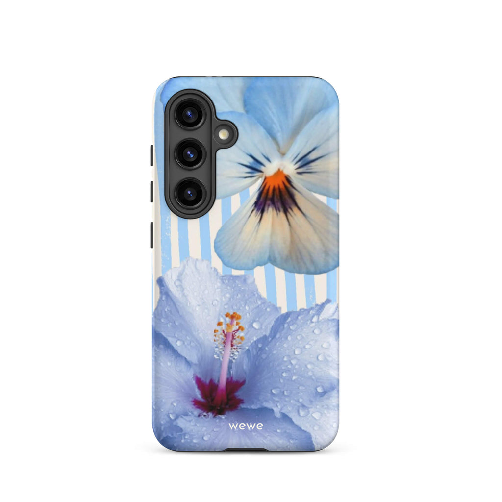 Custom samsung galaxy s24 Phone case with a photo of a blue hibiscus flower with water droplets and a white pansy on a striped background.
