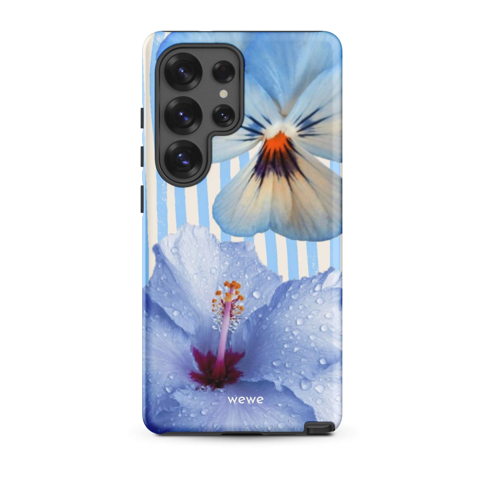 Custom samsung galaxy s25 ultra  Phone case with a photo of a blue hibiscus flower with water droplets and a white pansy on a striped background.