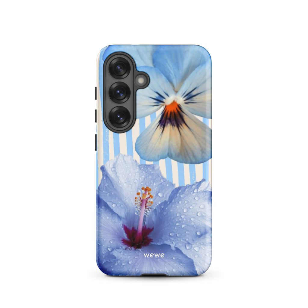 Custom samsung galaxy s25 Phone case with a photo of a blue hibiscus flower with water droplets and a white pansy on a striped background.