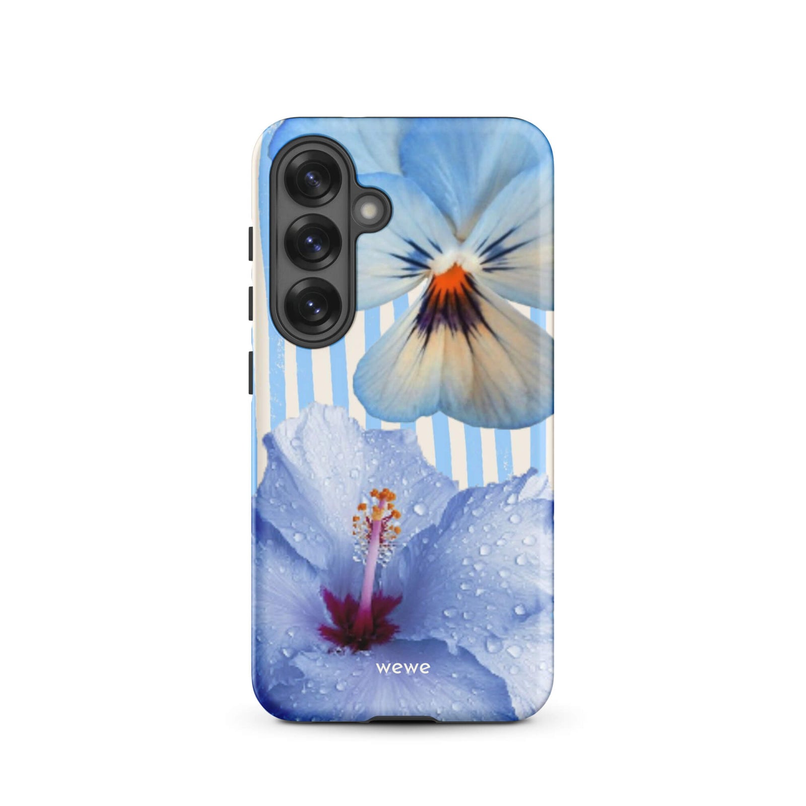 Custom samsung galaxy s25 Phone case with a photo of a blue hibiscus flower with water droplets and a white pansy on a striped background.