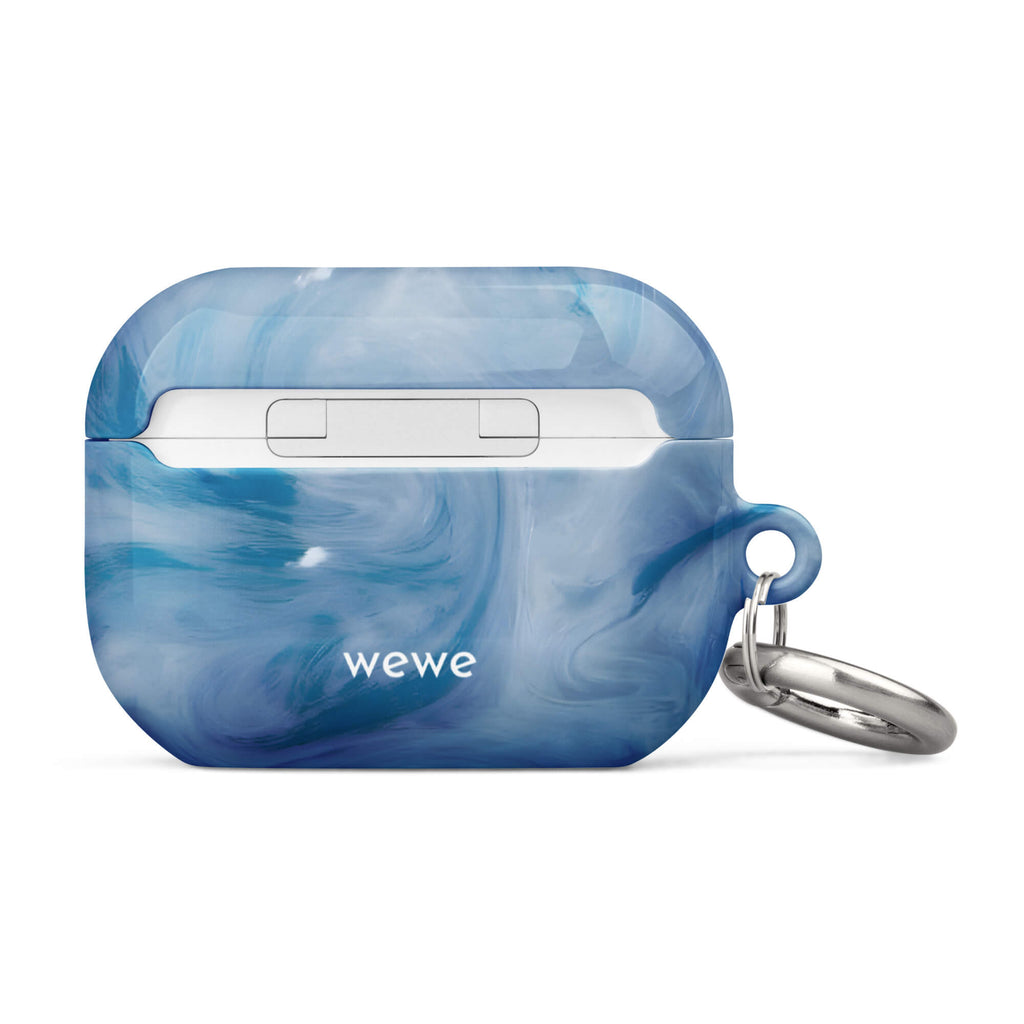 Custom airpods case pro gen2 with a swirling, abstract pattern of deep blue, light blue, and white, resembling flowing water or marble.