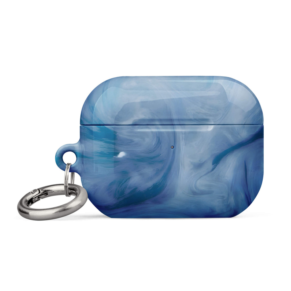 Custom airpods case pro gen2 with a swirling, abstract pattern of deep blue, light blue, and white, resembling flowing water or marble.