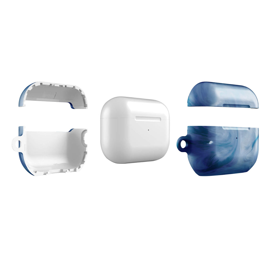 Custom airpods case pro gen2 with a swirling, abstract pattern of deep blue, light blue, and white, resembling flowing water or marble.