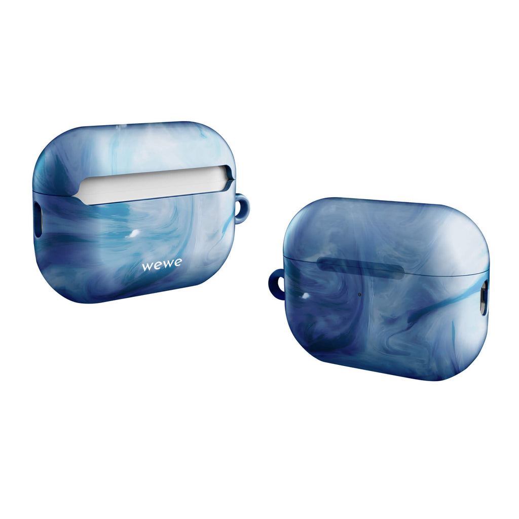 Custom airpods case pro gen2 with a swirling, abstract pattern of deep blue, light blue, and white, resembling flowing water or marble.