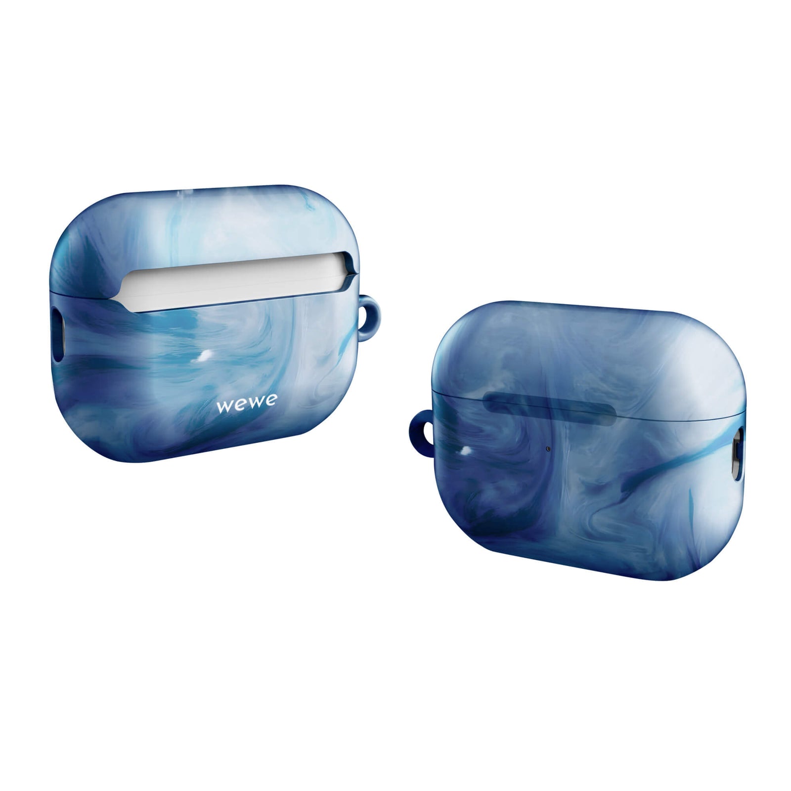 Custom airpods case pro gen2 with a swirling, abstract pattern of deep blue, light blue, and white, resembling flowing water or marble.