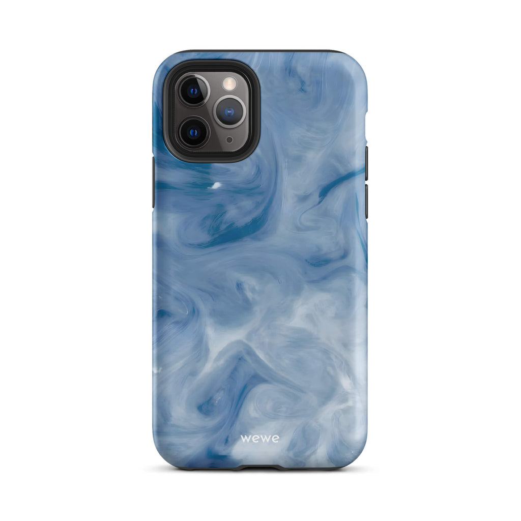 Custom iPhone case 11 pro with a swirling, abstract pattern of deep blue, light blue, and white, resembling flowing water or marble.