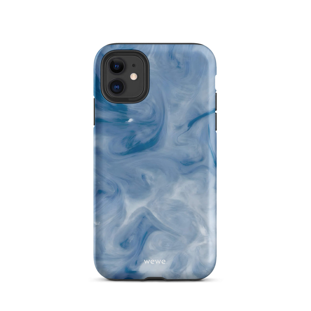 Custom iPhone case 11 with a swirling, abstract pattern of deep blue, light blue, and white, resembling flowing water or marble.