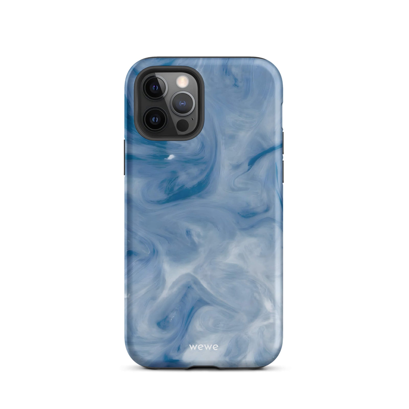 Custom iPhone case 12 pro with a swirling, abstract pattern of deep blue, light blue, and white, resembling flowing water or marble.