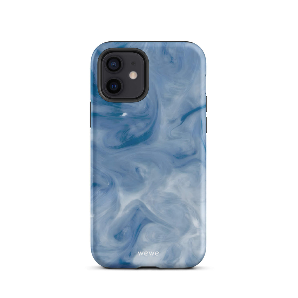 Custom iPhone case 12 with a swirling, abstract pattern of deep blue, light blue, and white, resembling flowing water or marble.