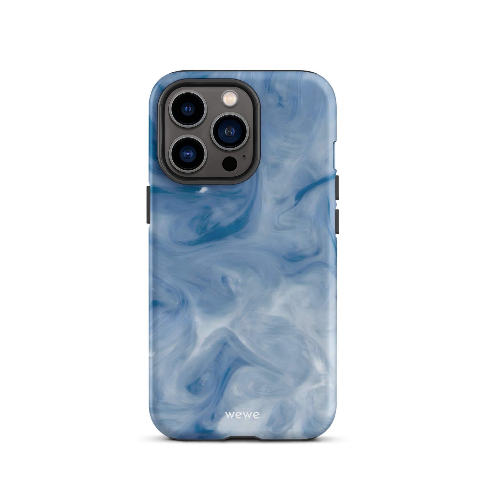 Custom iPhone case 13 pro with a swirling, abstract pattern of deep blue, light blue, and white, resembling flowing water or marble.
