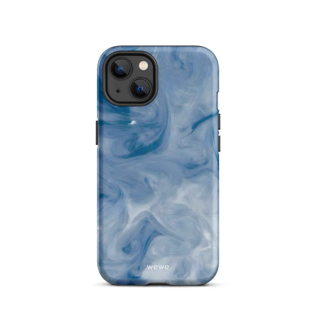 Custom iPhone case 13 with a swirling, abstract pattern of deep blue, light blue, and white, resembling flowing water or marble.