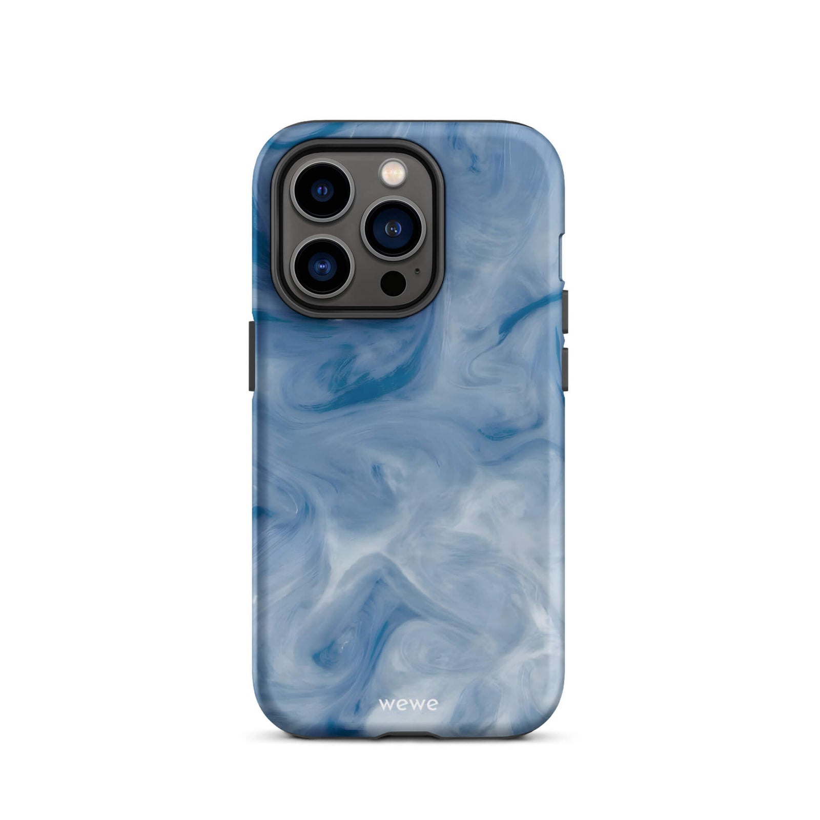 Custom iPhone case 14 pro with a swirling, abstract pattern of deep blue, light blue, and white, resembling flowing water or marble.