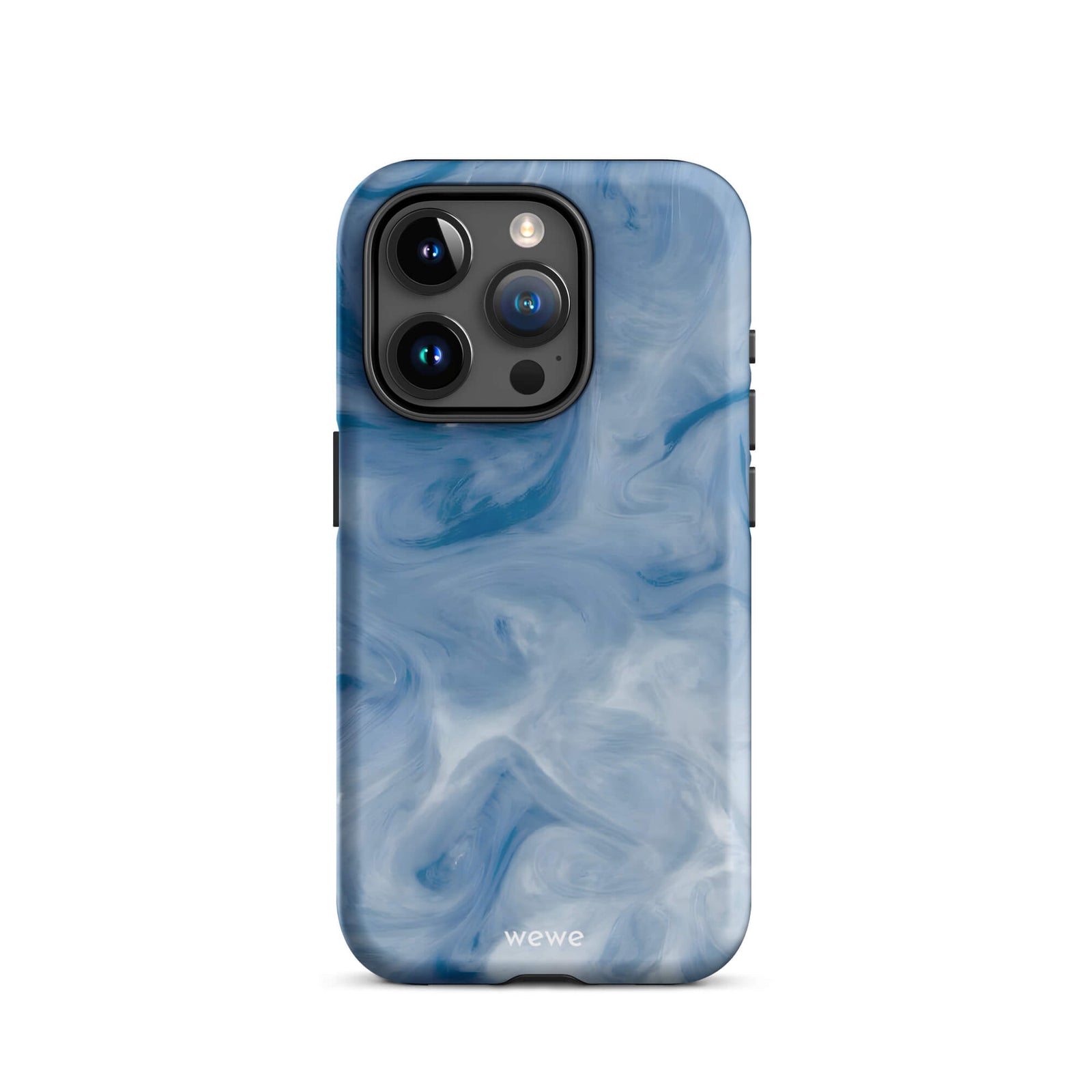 Custom iPhone case 15 pro with a swirling, abstract pattern of deep blue, light blue, and white, resembling flowing water or marble.
