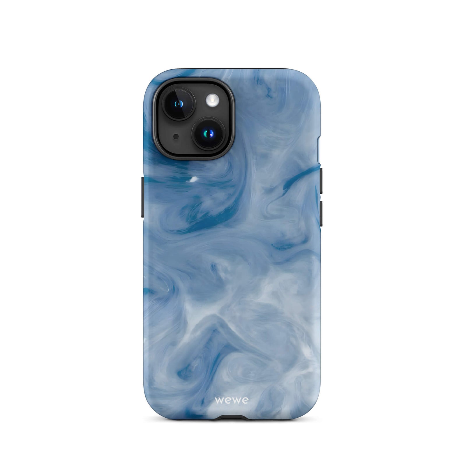 Custom iPhone case 15 with a swirling, abstract pattern of deep blue, light blue, and white, resembling flowing water or marble.