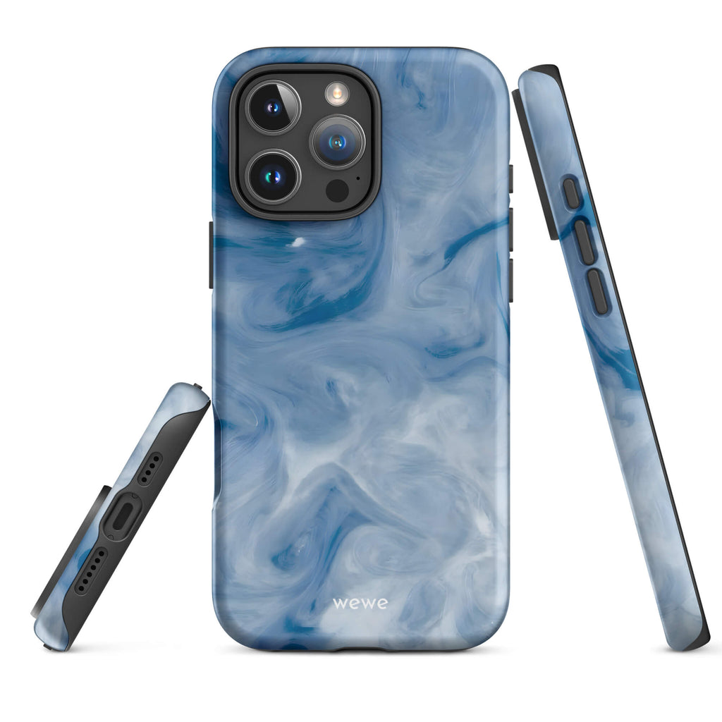 Custom iPhone case 16 pro max with a swirling, abstract pattern of deep blue, light blue, and white, resembling flowing water or marble.