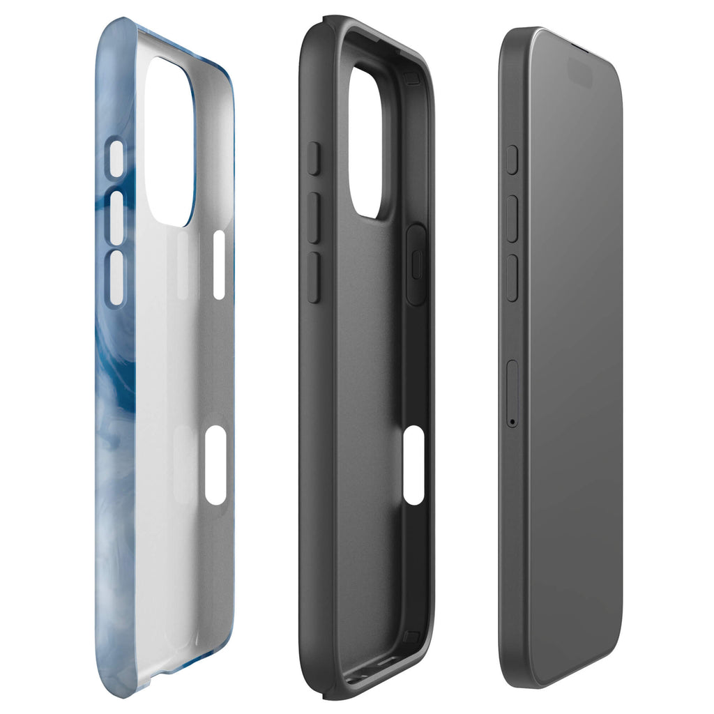 Custom iPhone case 16 pro max with a swirling, abstract pattern of deep blue, light blue, and white, resembling flowing water or marble.