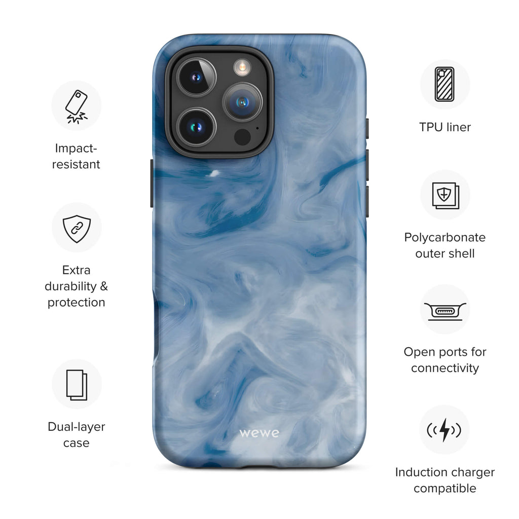 Custom iPhone case 16 pro max with a swirling, abstract pattern of deep blue, light blue, and white, resembling flowing water or marble.