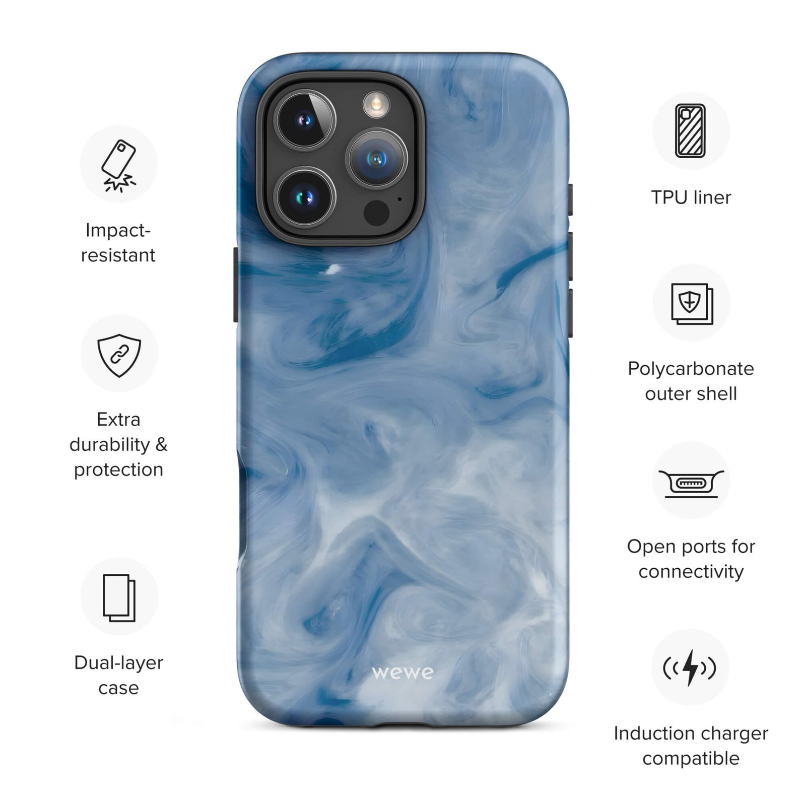 Custom iPhone case 16 pro max with a swirling, abstract pattern of deep blue, light blue, and white, resembling flowing water or marble.