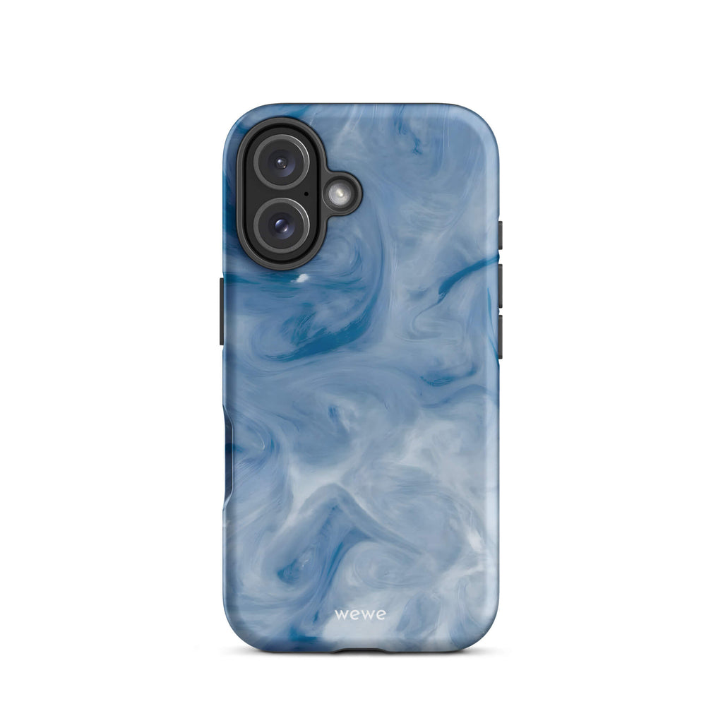 Custom iPhone case 16 with a swirling, abstract pattern of deep blue, light blue, and white, resembling flowing water or marble.