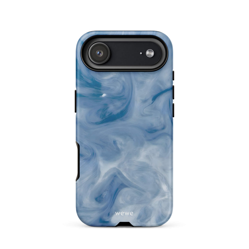 Custom iPhone case 17 air with a swirling, abstract pattern of deep blue, light blue, and white, resembling flowing water or marble.