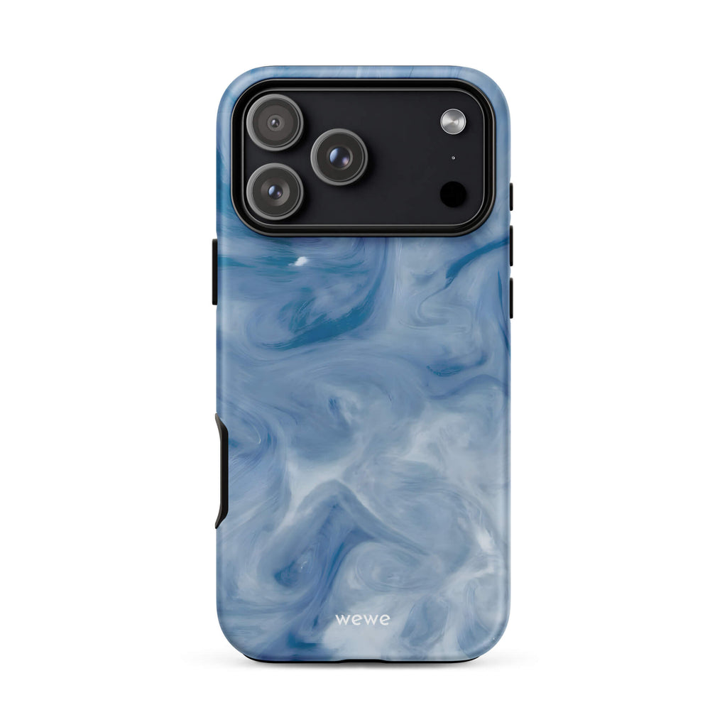 Custom iPhone case 17 pro max with a swirling, abstract pattern of deep blue, light blue, and white, resembling flowing water or marble.