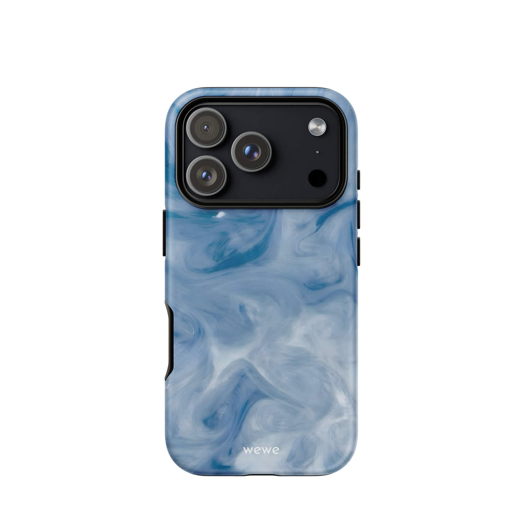 Custom iPhone case 17 pro with a swirling, abstract pattern of deep blue, light blue, and white, resembling flowing water or marble.