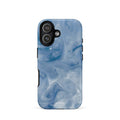 Custom iPhone case 17 with a swirling, abstract pattern of deep blue, light blue, and white, resembling flowing water or marble.