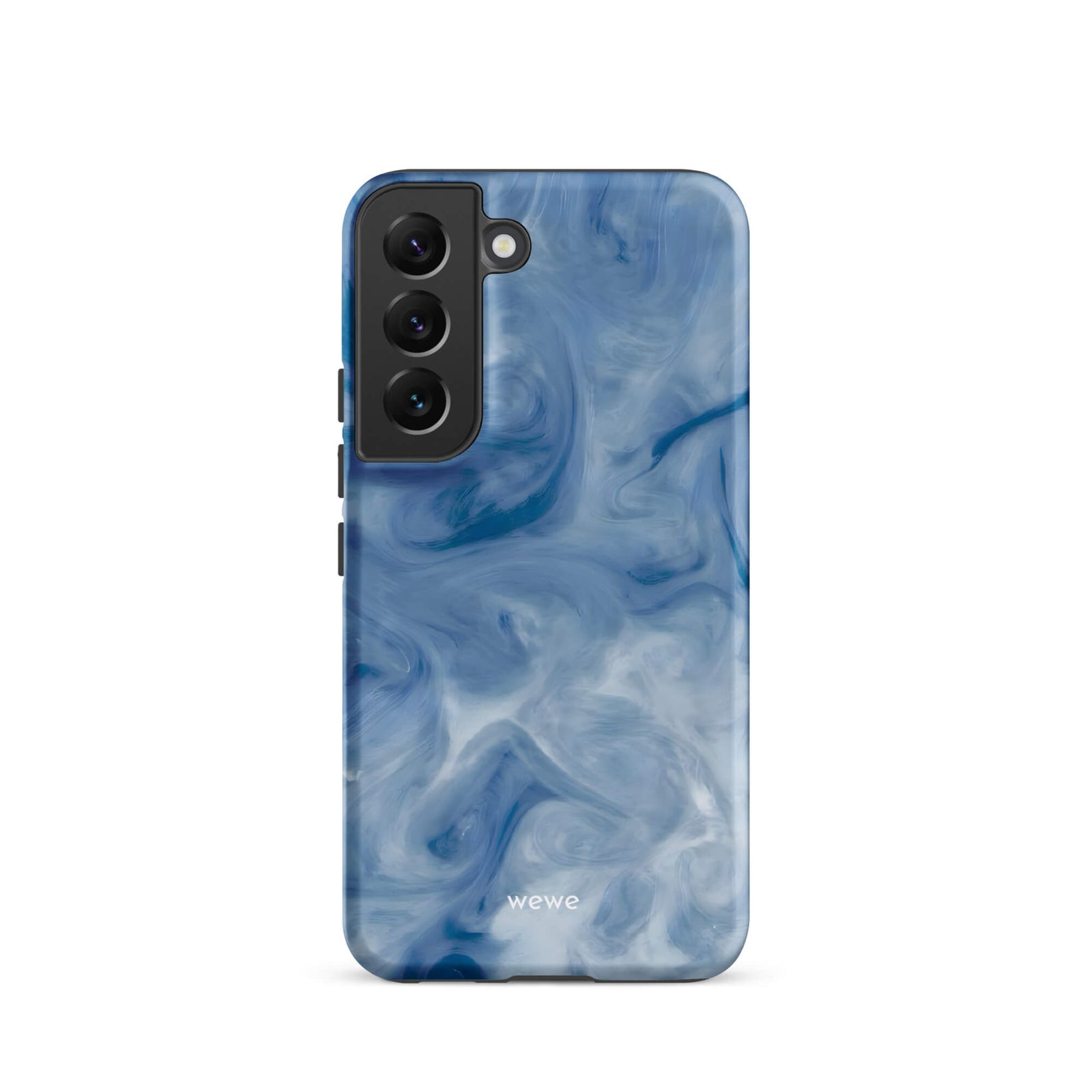Custom samsung galaxy s22 with a swirling, abstract pattern of deep blue, light blue, and white, resembling flowing water or marble.