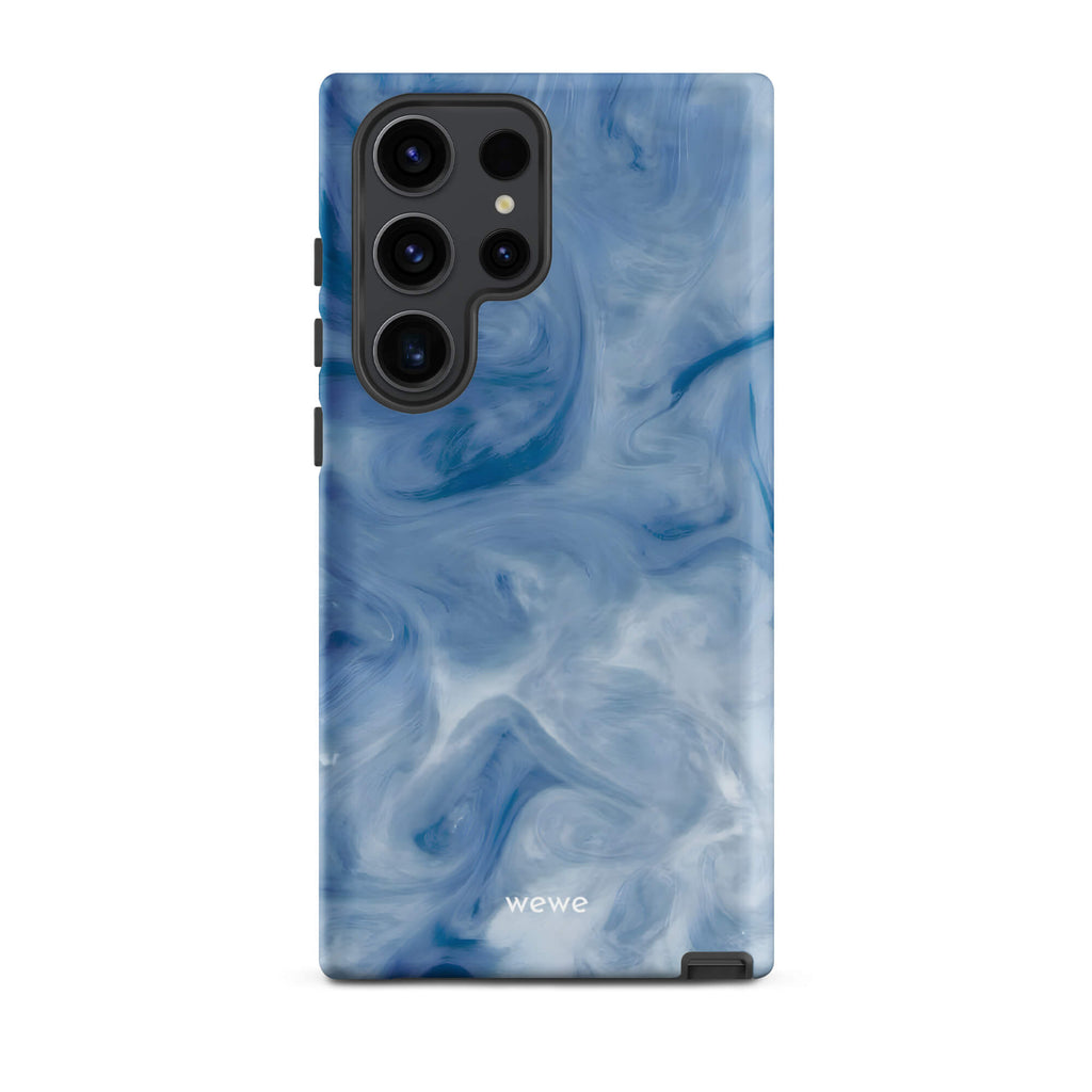 Custom samsung galaxy s23 ultra with a swirling, abstract pattern of deep blue, light blue, and white, resembling flowing water or marble.