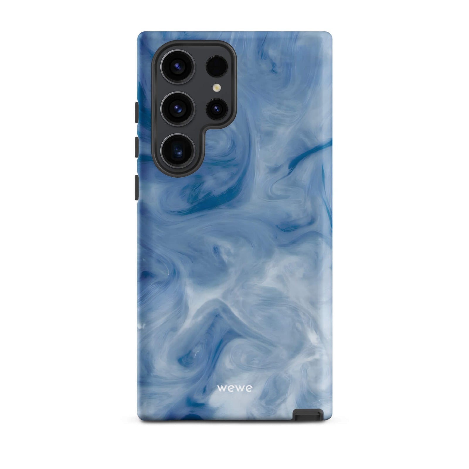 Custom samsung galaxy s23 ultra with a swirling, abstract pattern of deep blue, light blue, and white, resembling flowing water or marble.