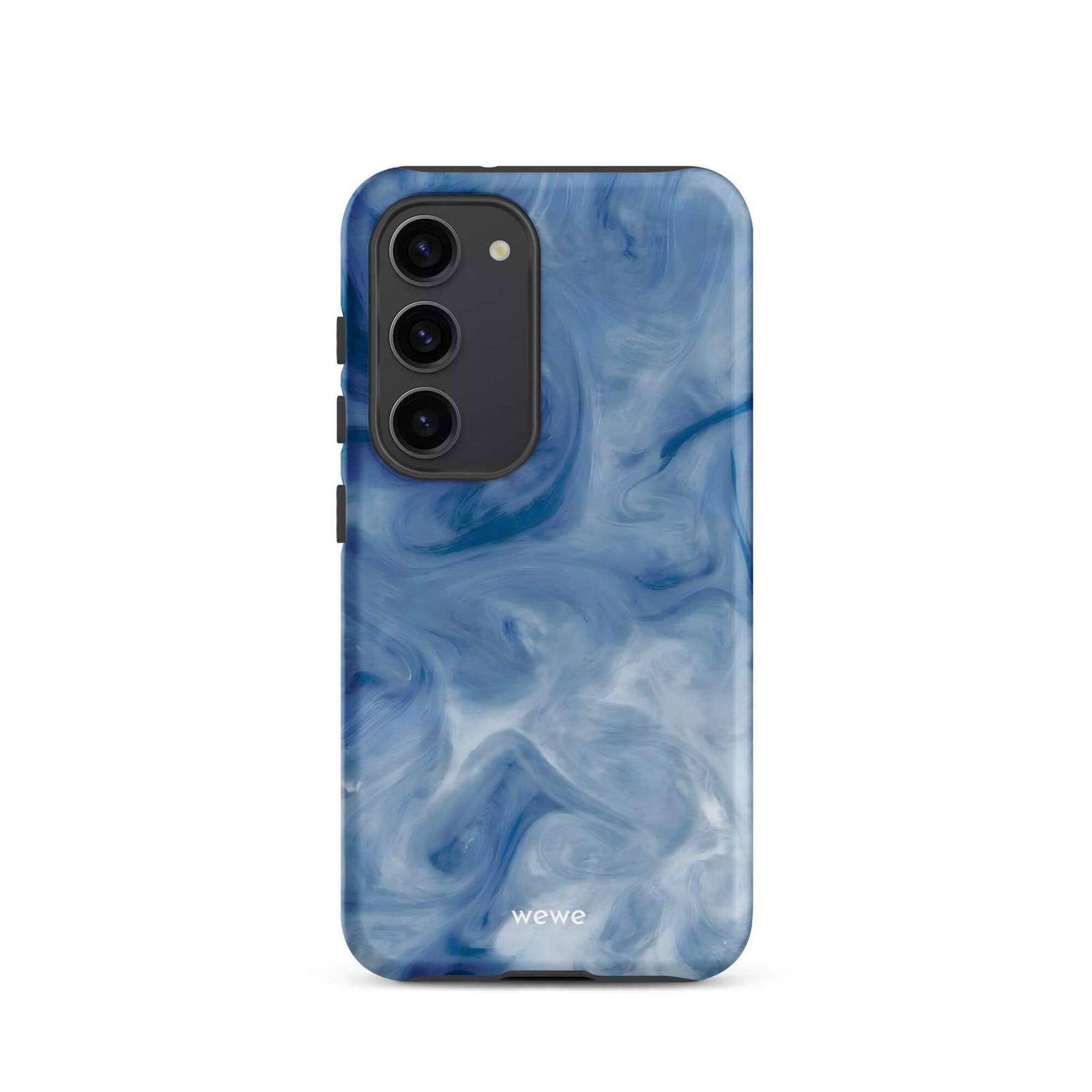 Custom samsung galaxy s23 with a swirling, abstract pattern of deep blue, light blue, and white, resembling flowing water or marble.