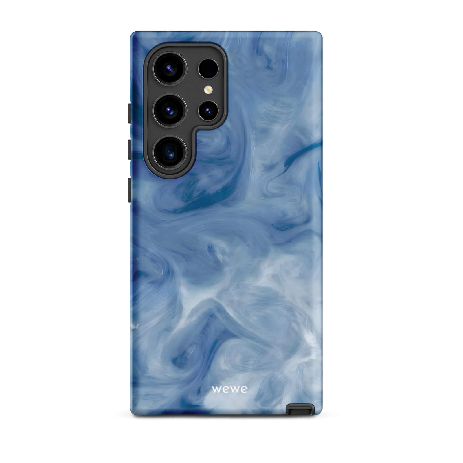 Custom samsung galaxy s24 ultra with a swirling, abstract pattern of deep blue, light blue, and white, resembling flowing water or marble.