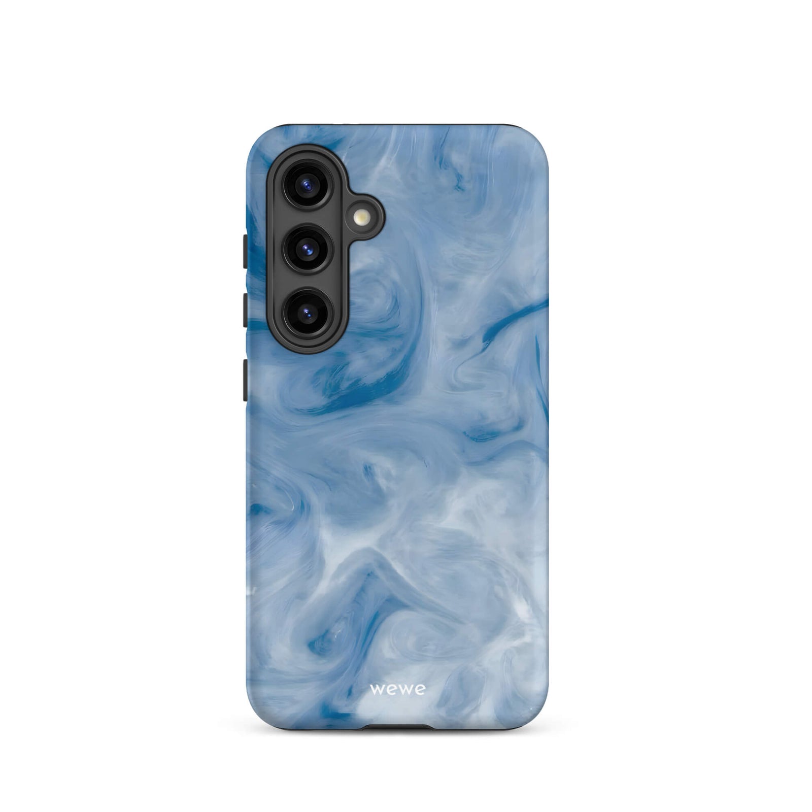 Custom samsung galaxy s24 with a swirling, abstract pattern of deep blue, light blue, and white, resembling flowing water or marble.