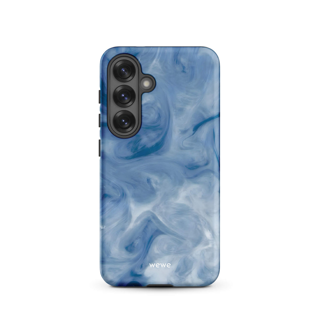 Custom samsung galaxy s25 with a swirling, abstract pattern of deep blue, light blue, and white, resembling flowing water or marble.