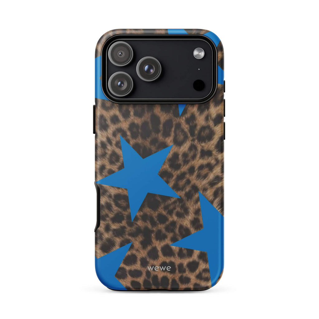 Brown-and-black leopard-print iPhone case with large electric-blue stars