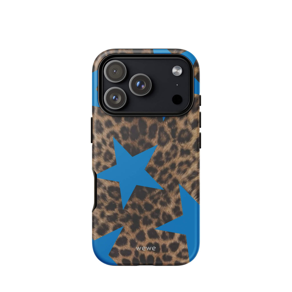 Brown-and-black leopard-print iPhone case with large electric-blue stars