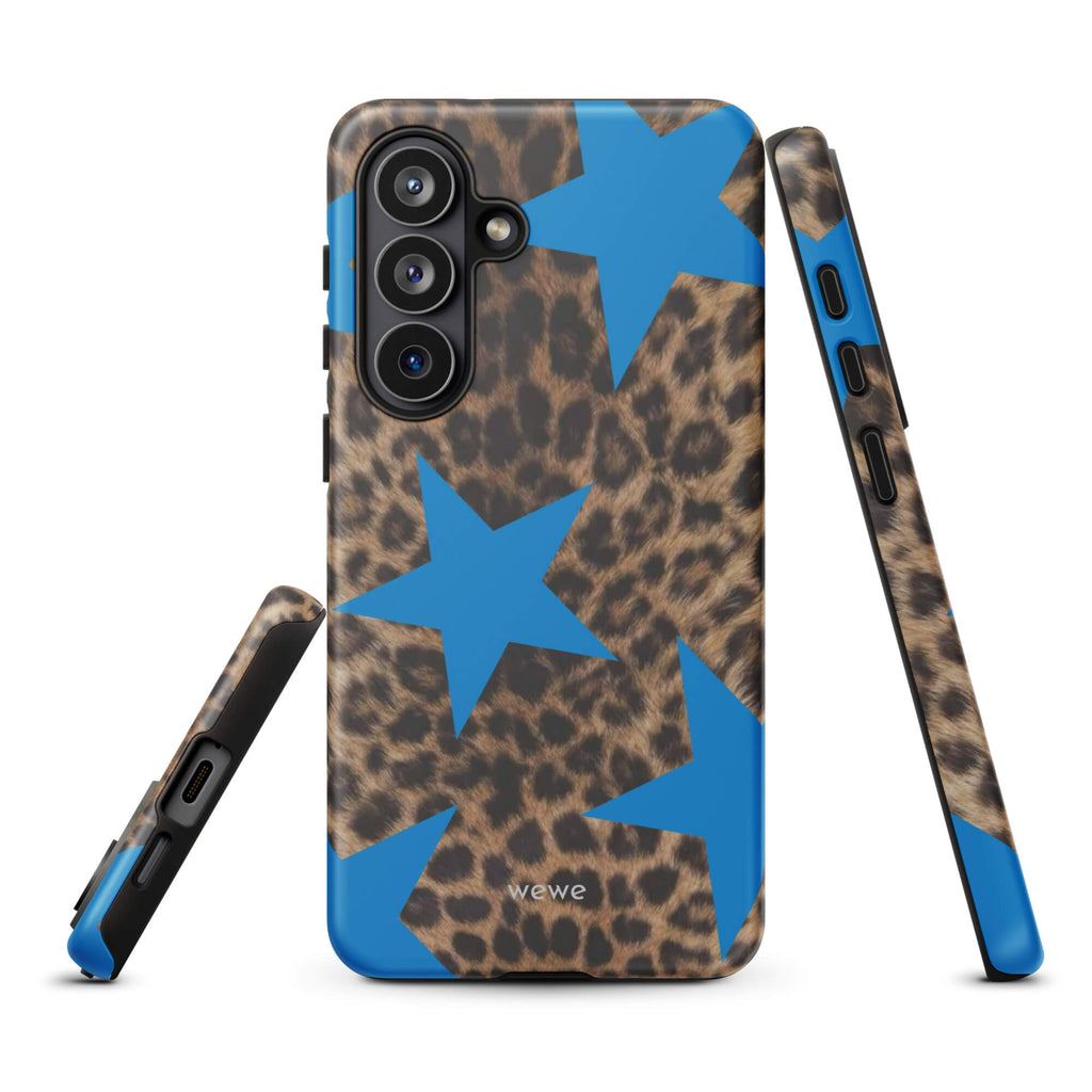 Brown-and-black leopard-print iPhone case with large electric-blue stars