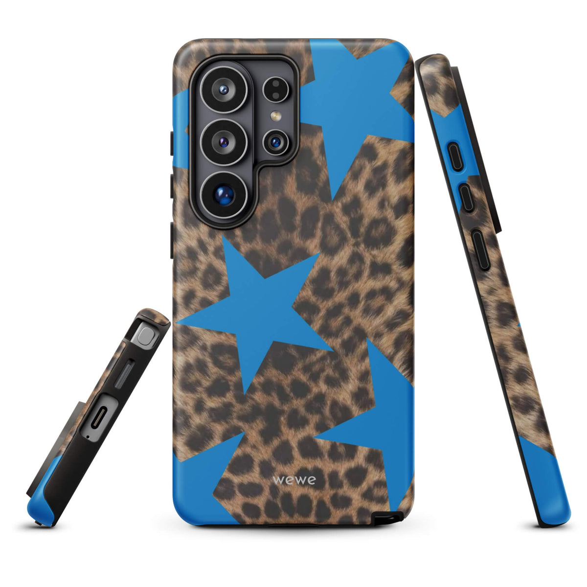 Brown-and-black leopard-print iPhone case with large electric-blue stars